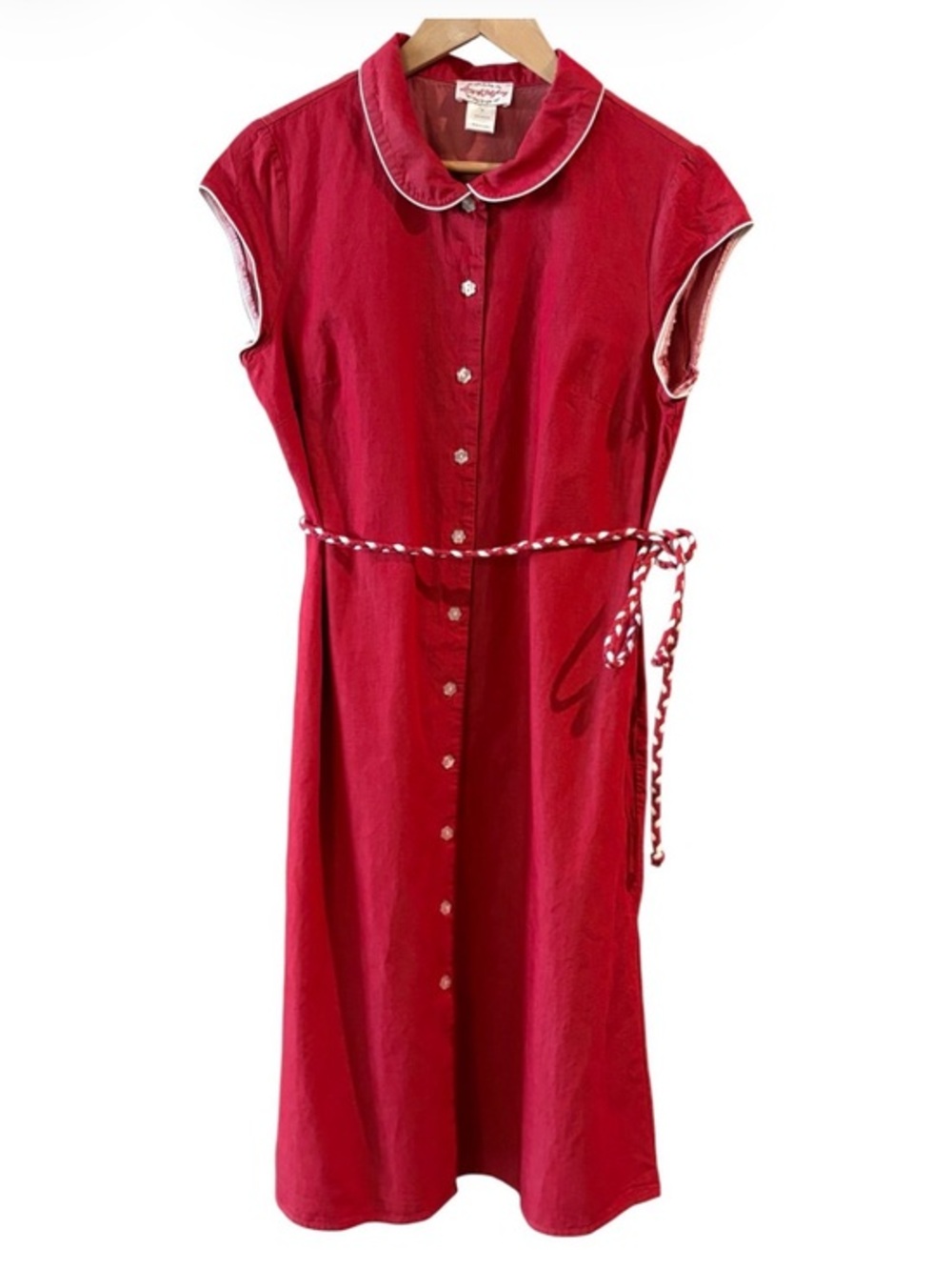 Vintage Lanz of Salzburg Red Cotton Shirt Dress Belted Cottagecore Size M